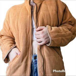 Oversized Quilted Jacket Full Zip Tan Brown Shacket Boho S
